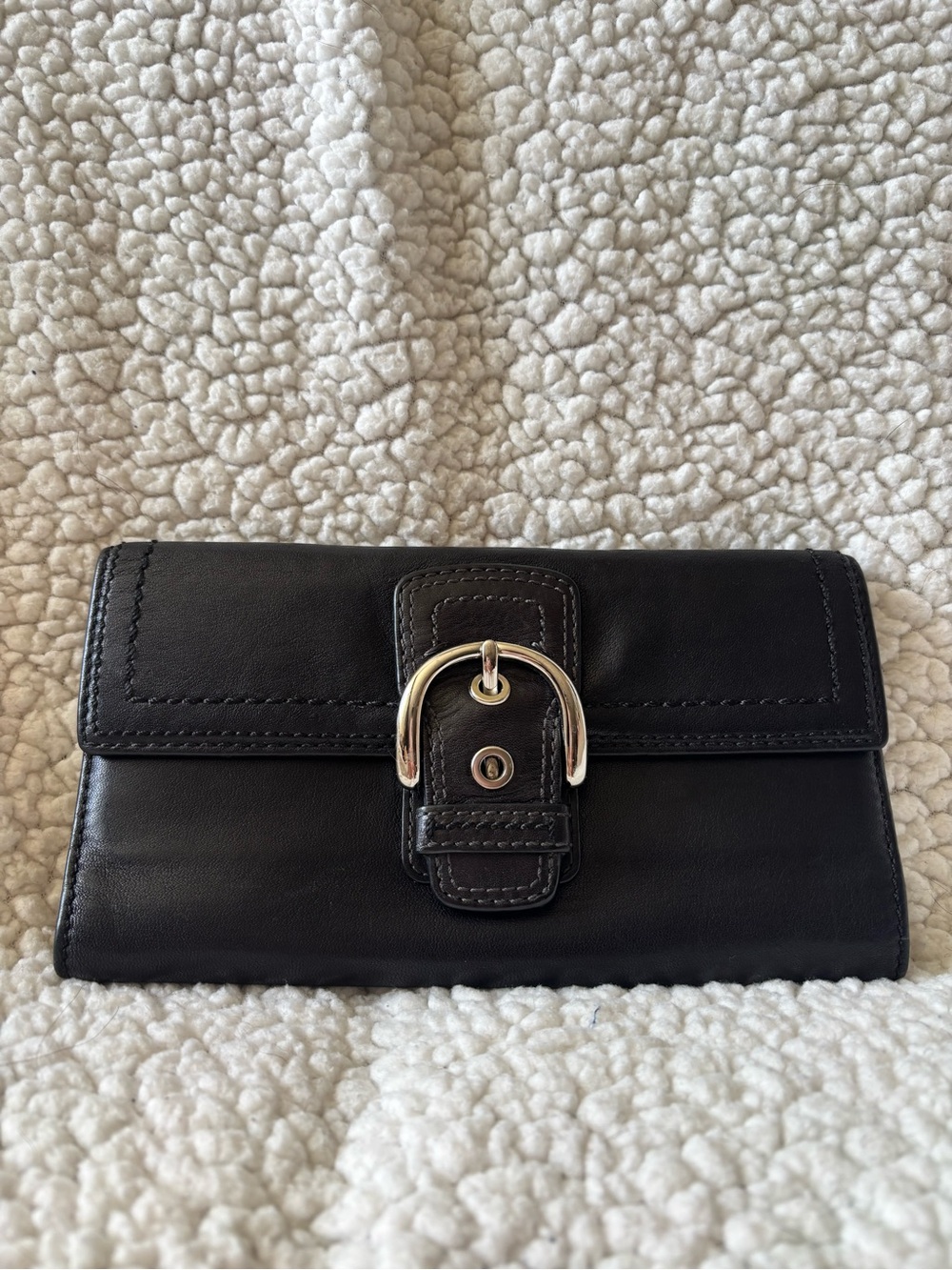 Coach Black Leather Wallet with Silver Buckle Accent